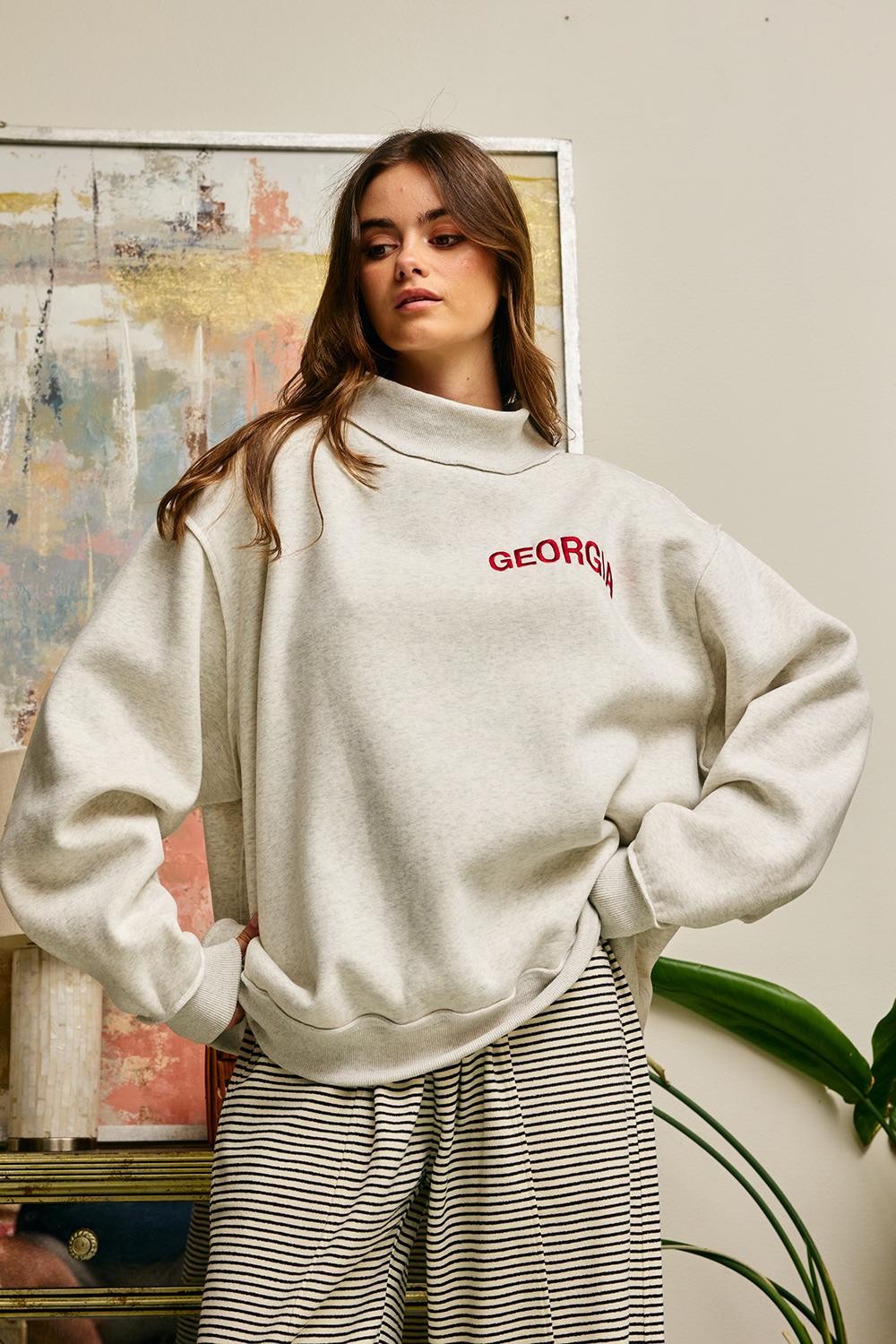 BUCKET LIST Women's Sweatshirt RED / S/M Embroidered "GEORGIA" Mock Neck Pullover IT2594ER