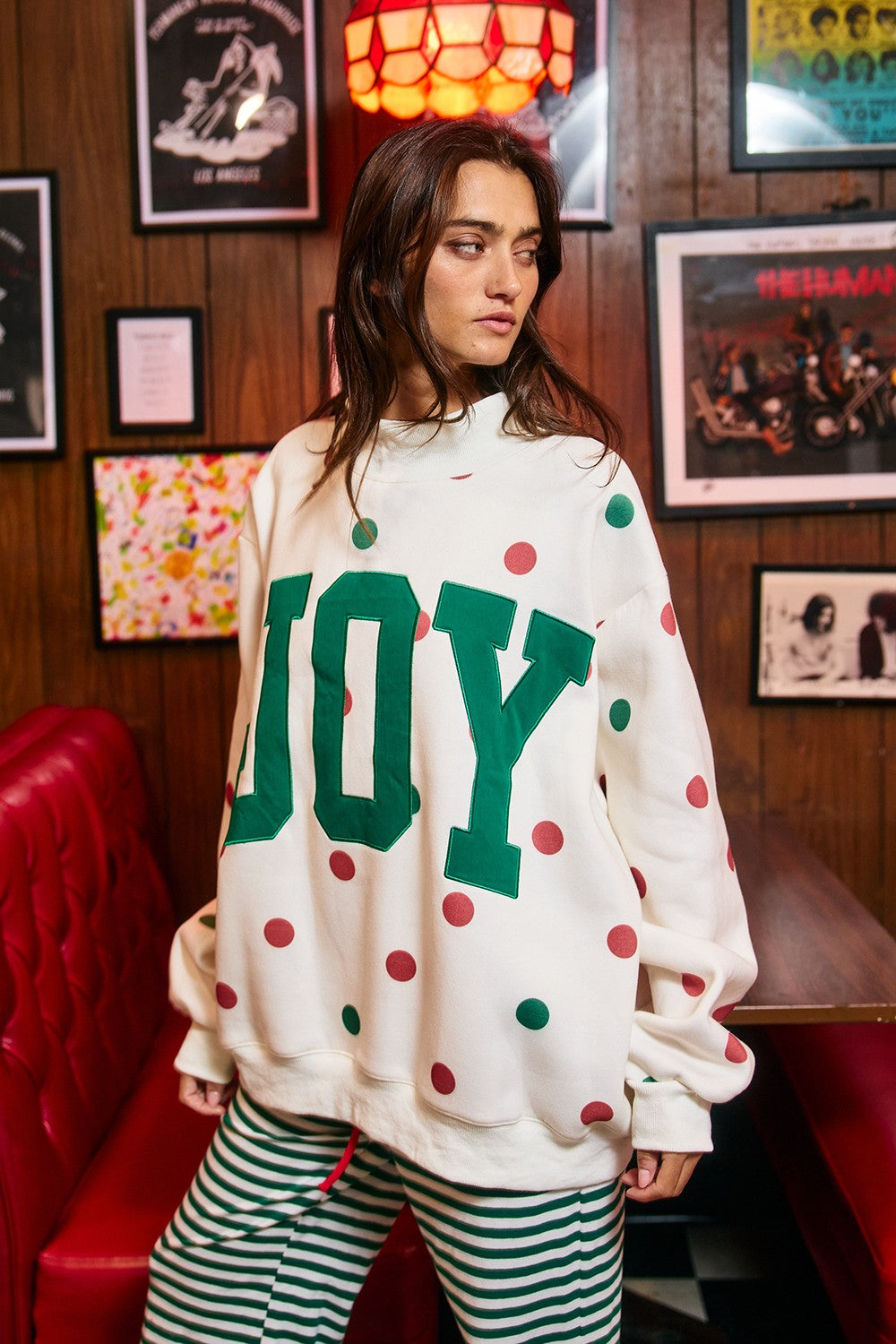 BUCKET LIST Women's Sweatshirt JOY Patch Polka-dot Mock-neck Sweatshirt