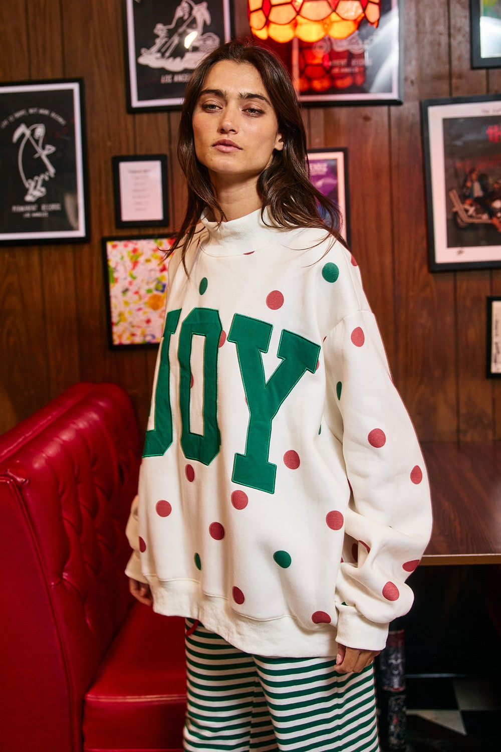 BUCKET LIST Women's Sweatshirt JOY Patch Polka-dot Mock-neck Sweatshirt