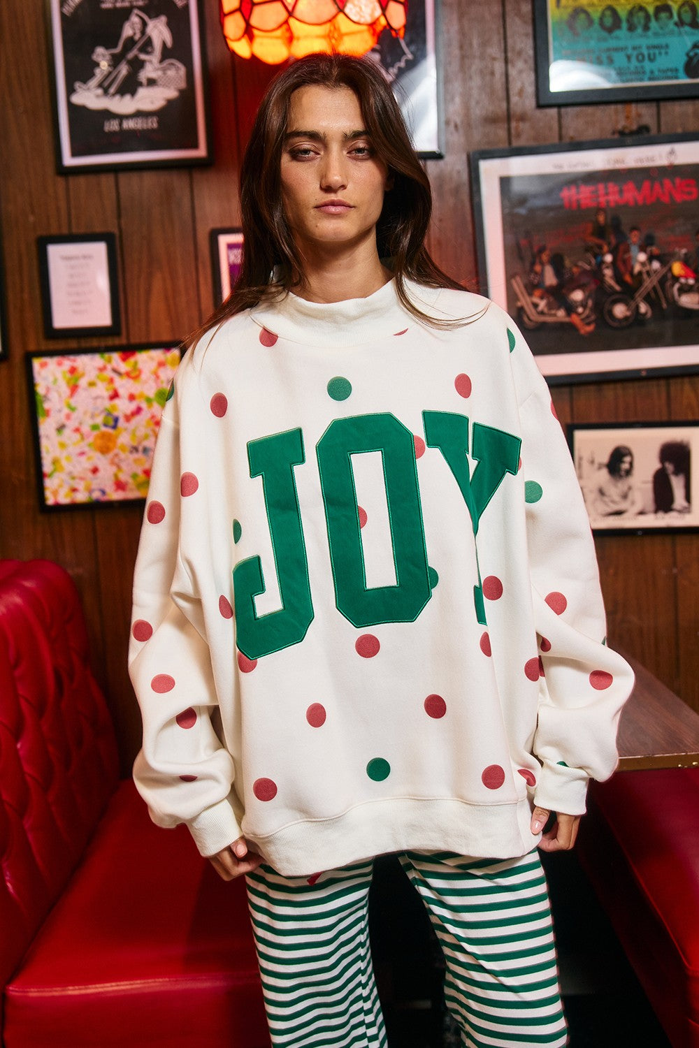 BUCKET LIST Women's Sweatshirt JOY Patch Polka-dot Mock-neck Sweatshirt