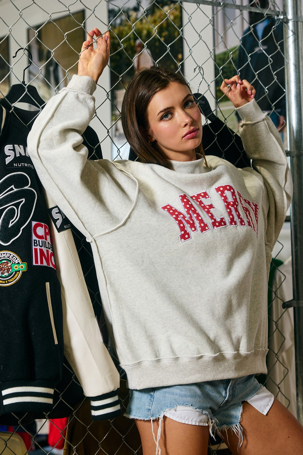 BUCKET LIST Women's Sweatshirt MERRY Polka Dot Varsity Mock Neck Sweatshirt