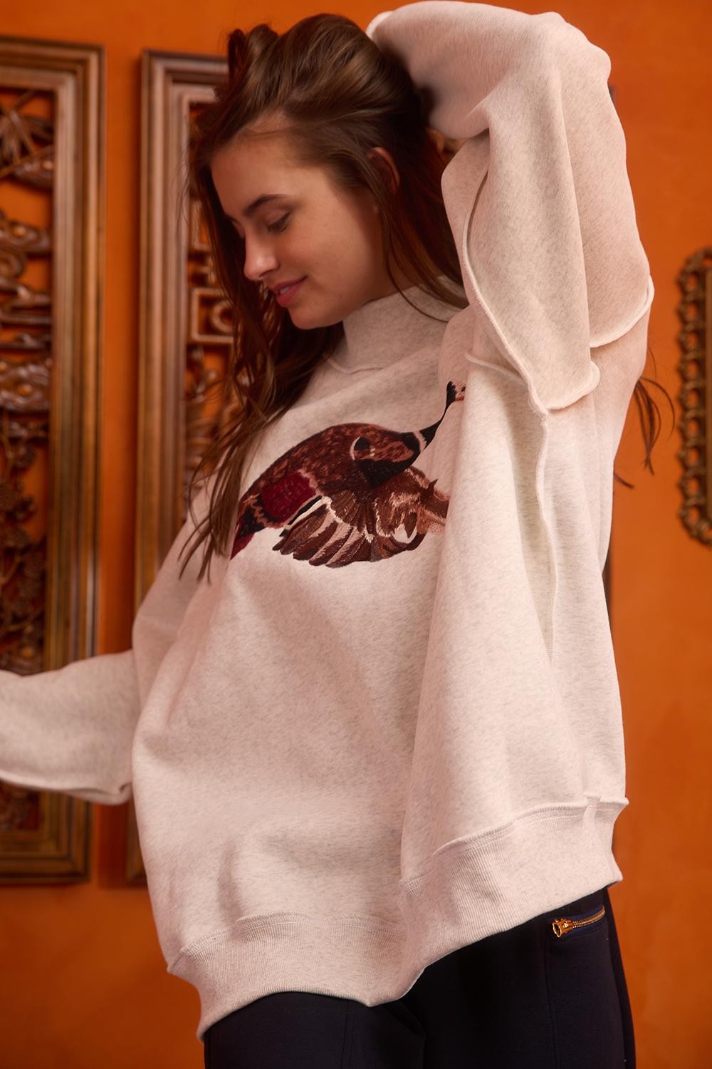 BUCKET LIST Women's Top Mallard Embroidered Wildlife Mock-neck Sweatshirt
