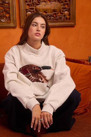 BUCKET LIST Women's Top Mallard Embroidered Wildlife Mock-neck Sweatshirt