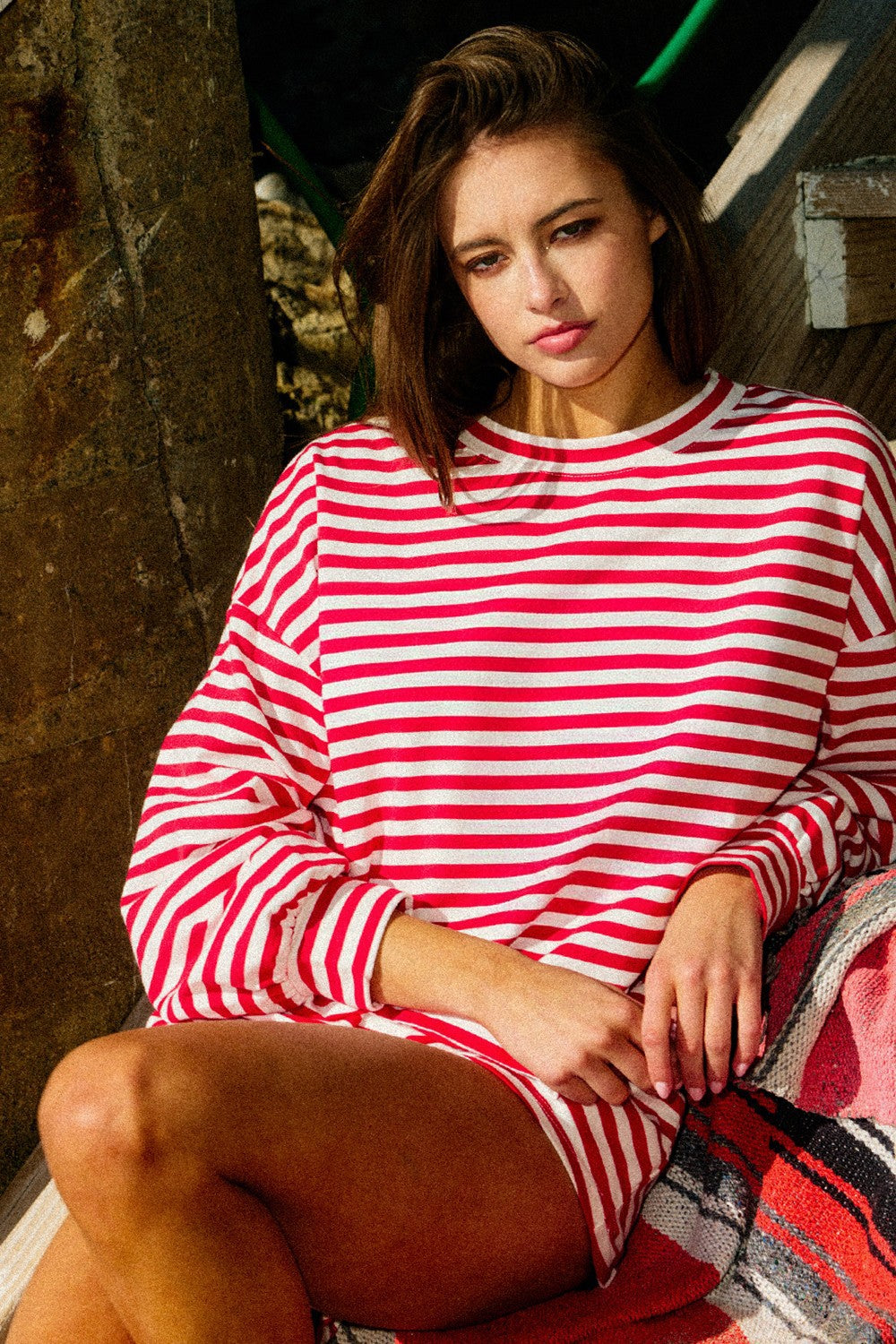BUCKET LIST Women's Top Oversized Semi Crop Striped T-shirt Top