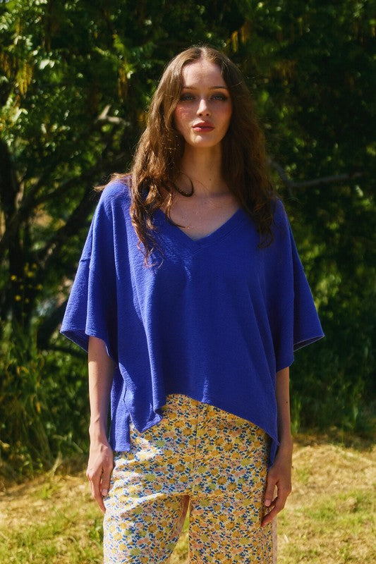 BUCKET LIST Women's Top BLUE / S V-neck Oversized Solid Knit Top || David's Clothing T1722D