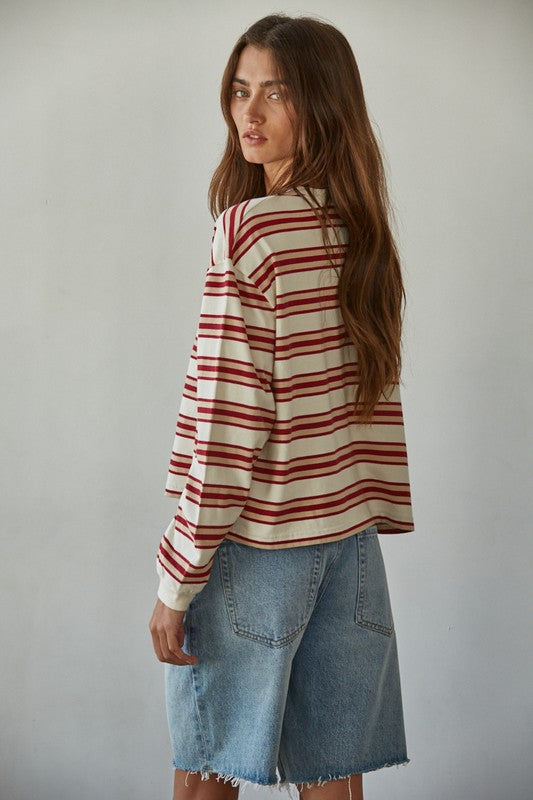 BY TOGETHER YOU AND I Women's Top Knit Cotton Multicolor Stripe Crew Neck Long Sleeve Top
