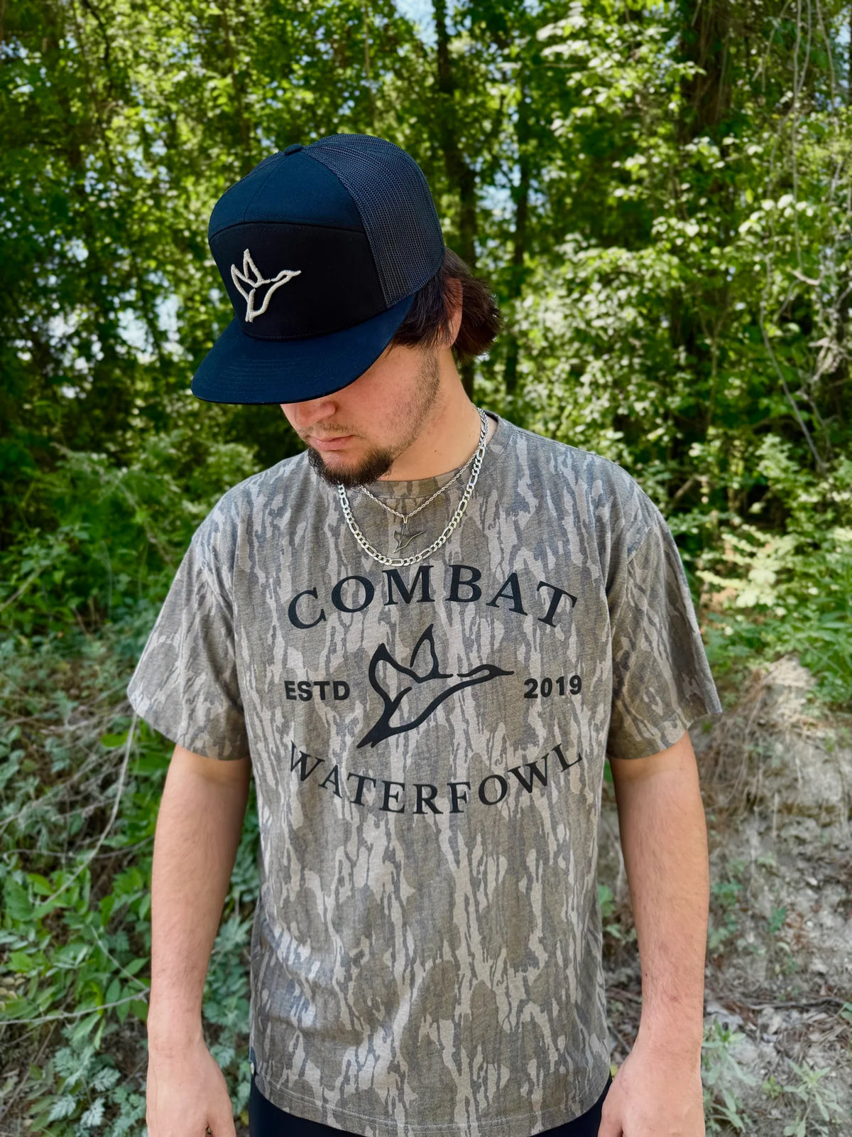 COMBAT WATERFOWL Men's Tees Combat Waterfowl Mossy Oak Bottomland Washed Out Vintage Logo Tee