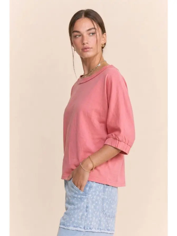 DAVI & DANI Women's Top Raw Edge Boat Neck Puff Sleeve Knit Top