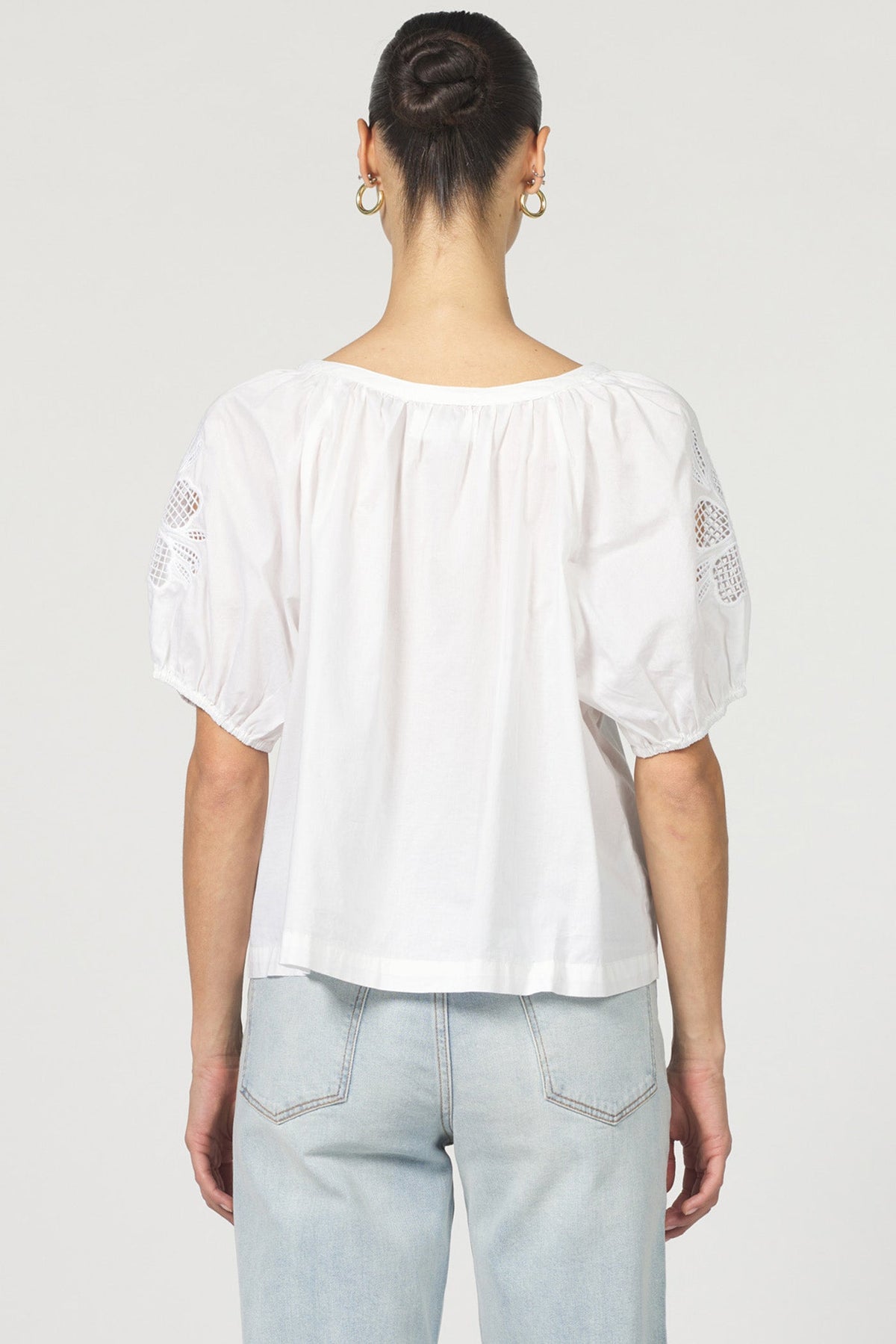 DEAR JOHN DENIM Women's Top Dear John Emiline Puff Sleeve Button-Up Laser Cut Embroidery || David's Clothing