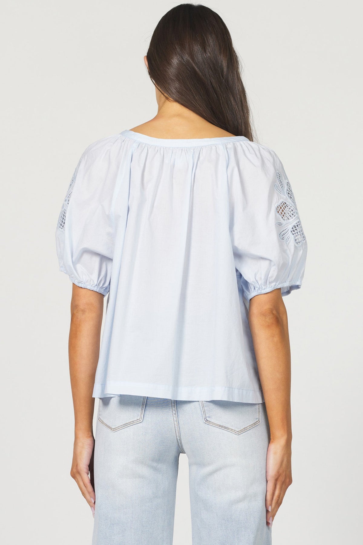 DEAR JOHN DENIM Women's Top Dear John Emiline Puff Sleeve Button-Up Laser Cut Embroidery || David's Clothing