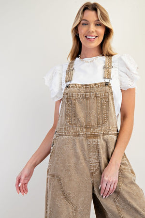 EASEL Women's Pants Flower Pattern Washed Twill Overalls || David's Clothing