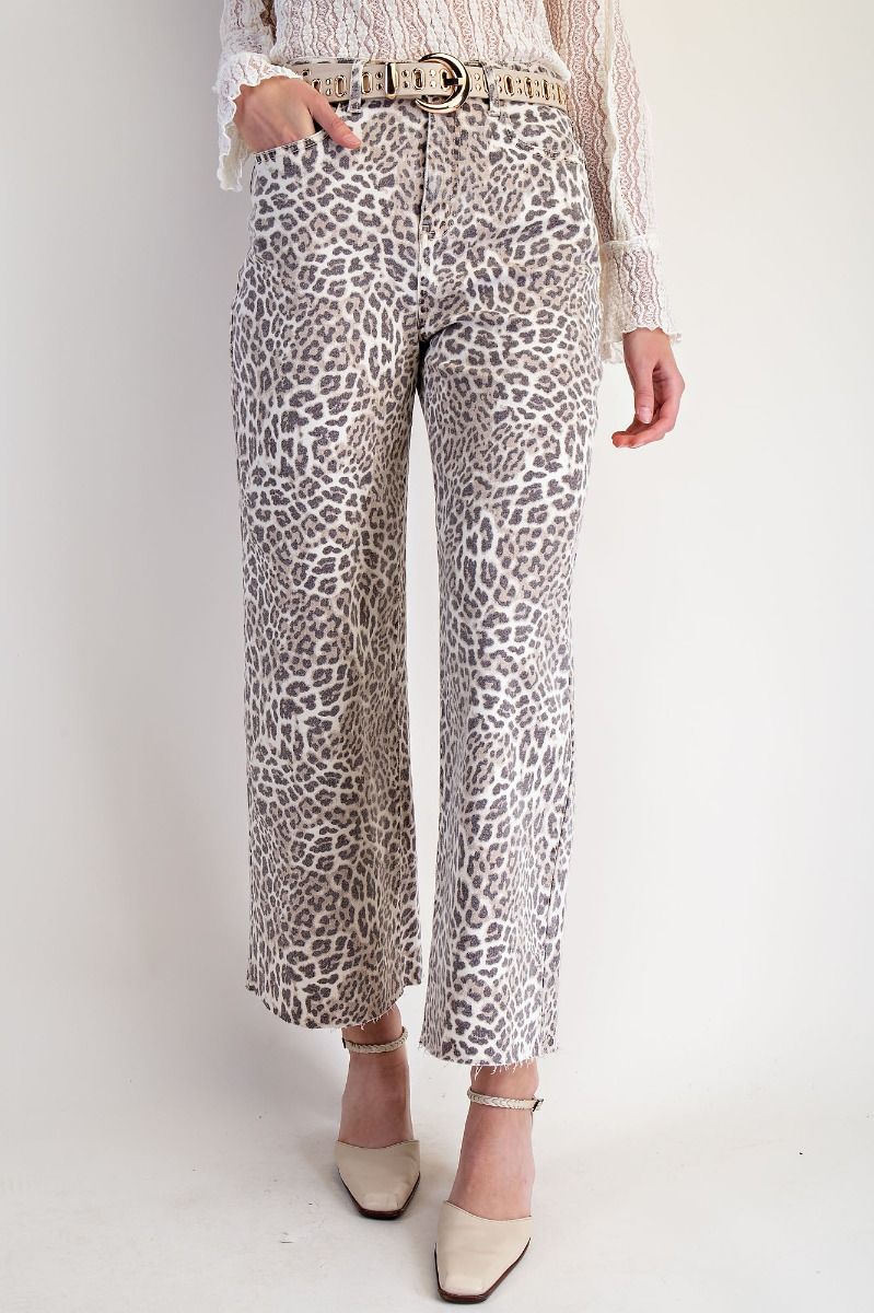 EASEL Women's Pants Washed Animal Print Twill Pants