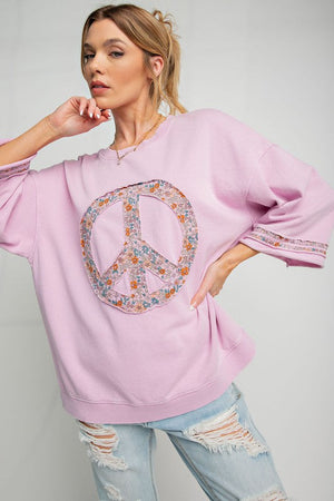 EASEL Women's Sweater COTTON C / S Mineral Washed Terry Floral Peace Sign Pullover || David's Clothing ET18758