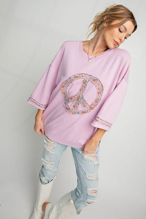 EASEL Women's Sweater Mineral Washed Terry Floral Peace Sign Pullover || David's Clothing