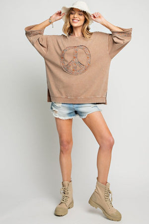 EASEL Women's Sweater Mineral Washed Terry Floral Peace Sign Pullover || David's Clothing