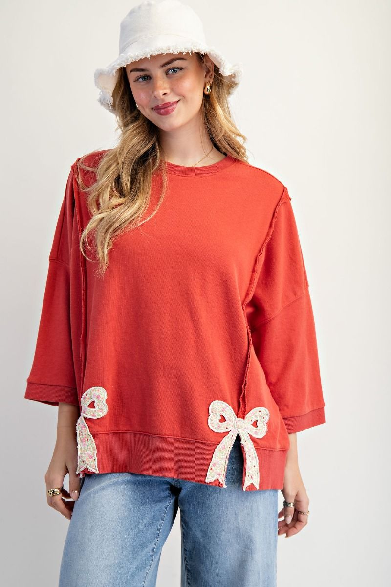 EASEL Women's Sweaters BOHO RED / S Bow Patch Bottom Hem Washed Terry Pullover ET28101B