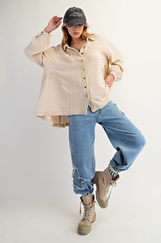 EASEL Women's Top Button Down Washed Cotton Gauze Shirt || David's Clothing