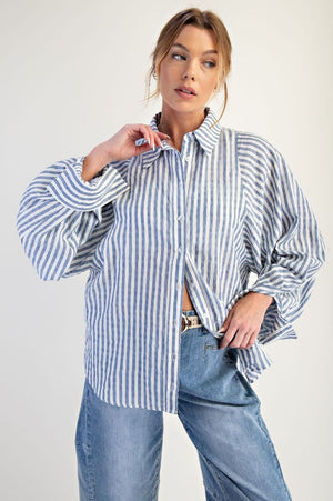 EASEL Women's Top DENIM / S Striped Button Down Loose Fit Shirt || David's Clothing ET27906