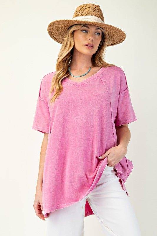 EASEL Women's Top PINK / S Mineral Washed Oversized Top || David's Clothing ET25597