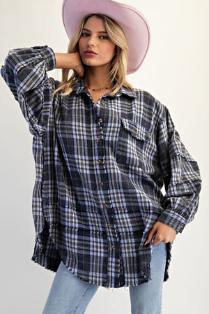 EASEL Women's Top S / NAVY Washed Plaid Shirt Tunic || David's Clothing ET28339