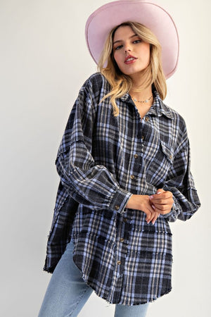 EASEL Women's Top Washed Plaid Shirt Tunic || David's Clothing