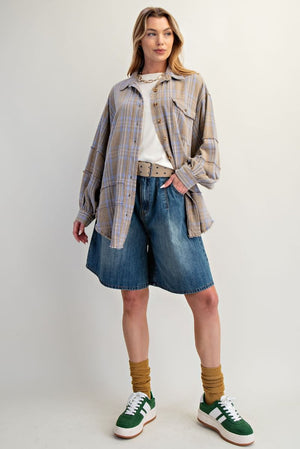 EASEL Women's Top Washed Plaid Shirt Tunic || David's Clothing