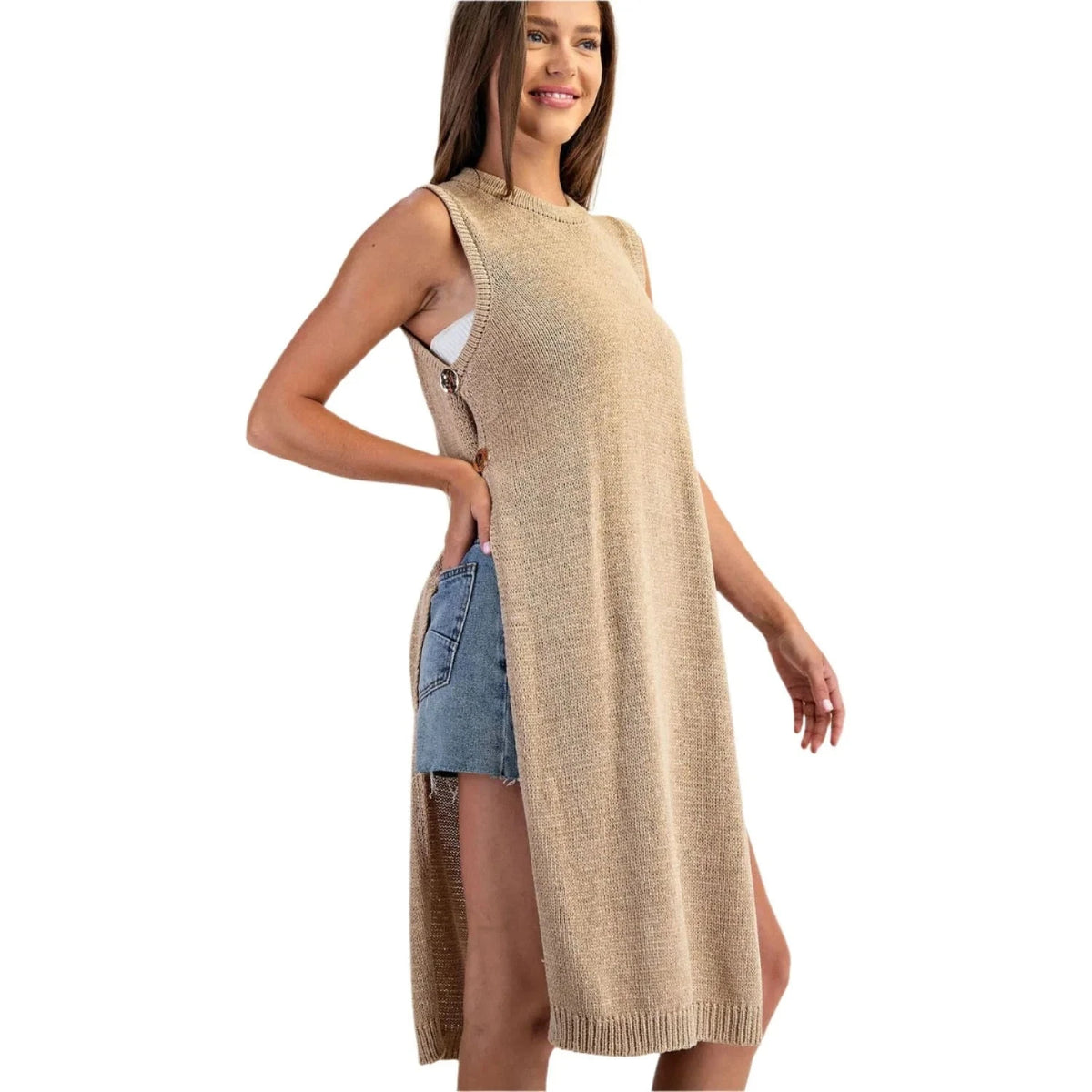 ee:some Top Side Button Sleeveless Open Longline Sweater || David's Clothing