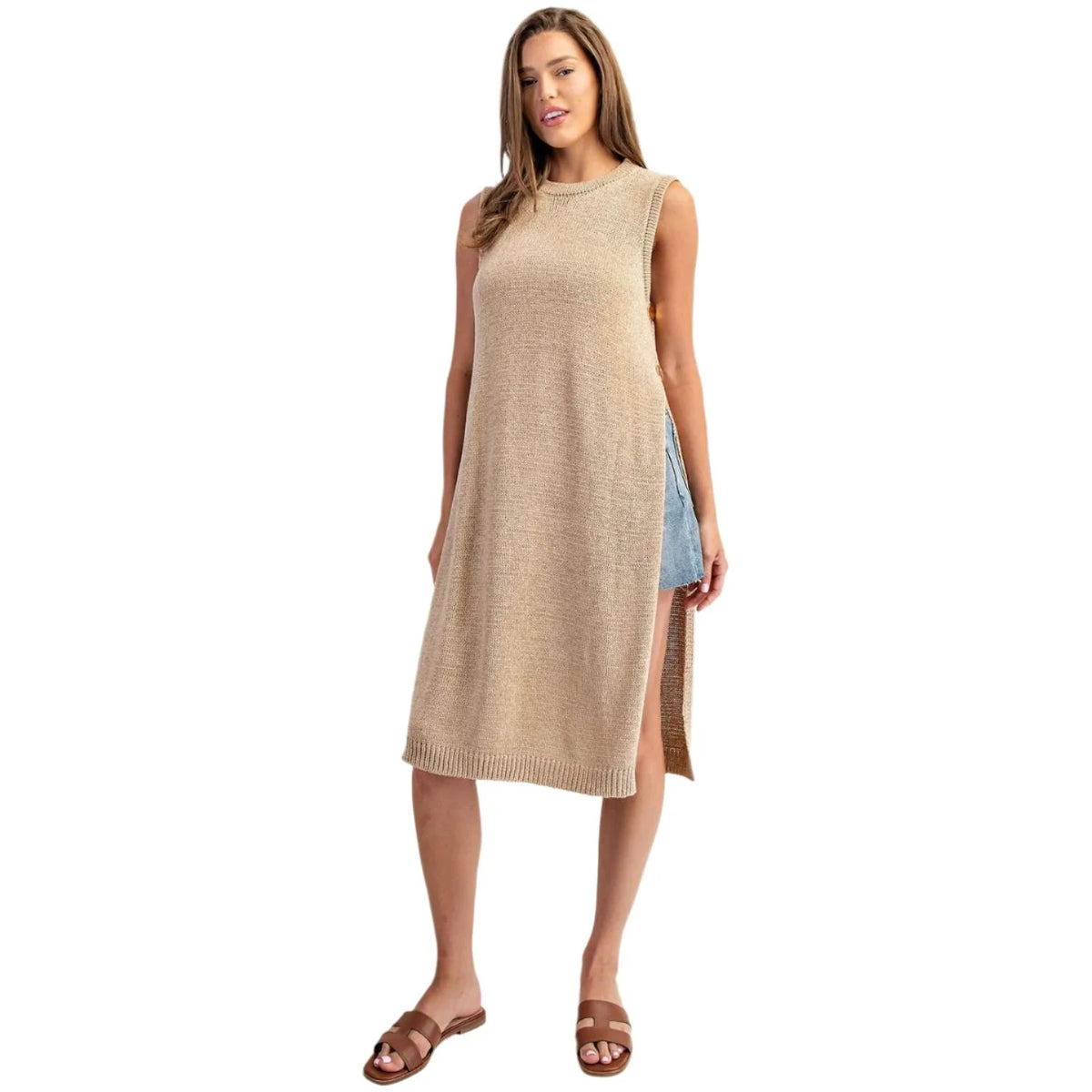 ee:some Top Side Button Sleeveless Open Longline Sweater || David's Clothing