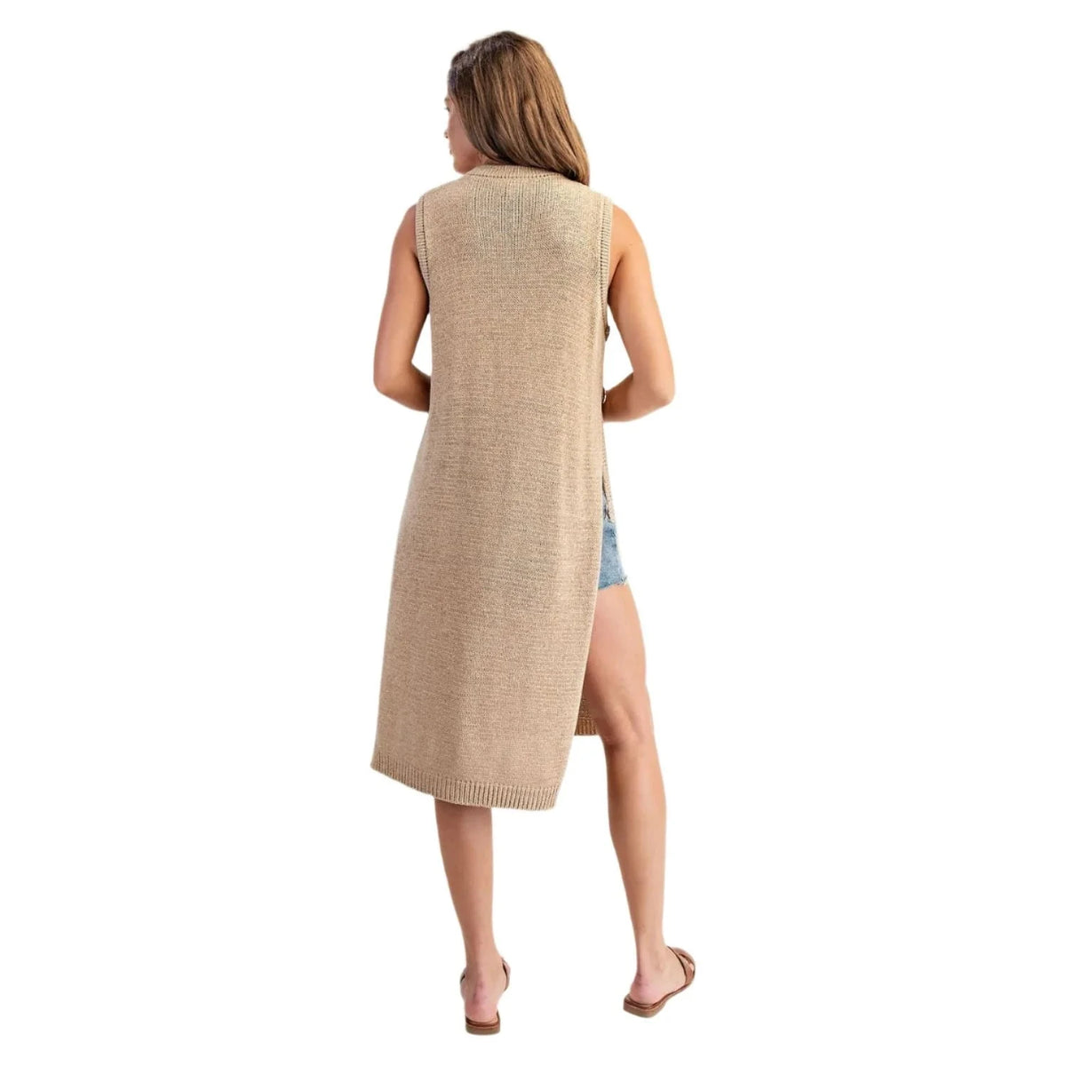 ee:some Top Side Button Sleeveless Open Longline Sweater || David's Clothing