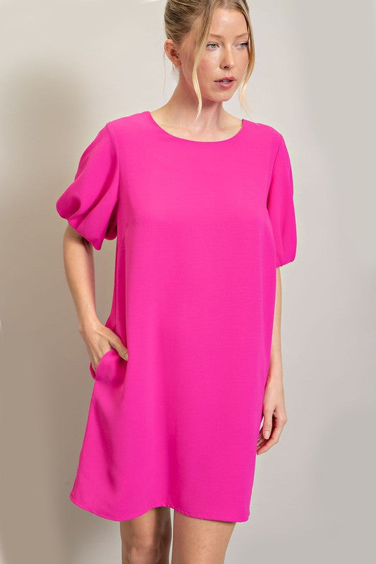 ee:some Women's Dresses HOT PINK / S Bubble Sleeve Pocket Mini Dress || David's Clothing DK9040