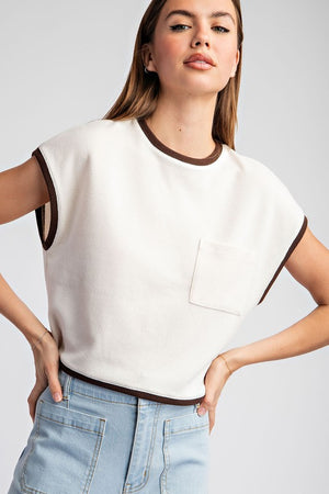 ee:some Women's Top CREAM / S Two Tone Round Neck Short Sleeve Top || David's Clothing TH12065