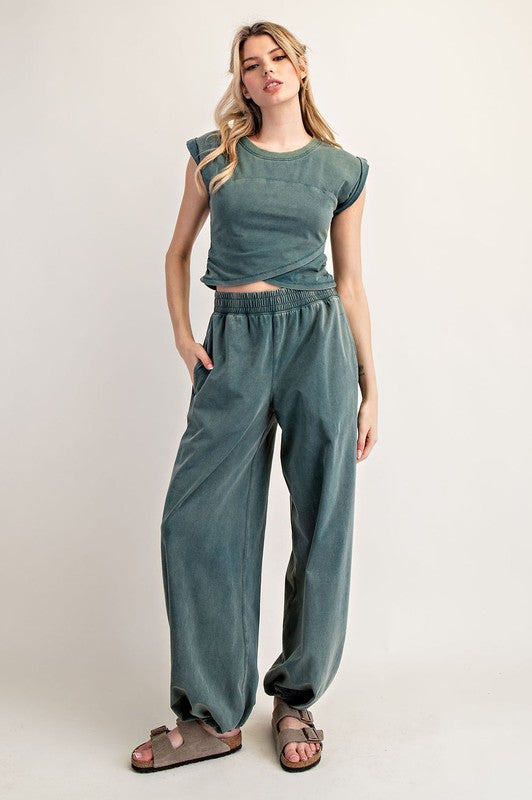 ee:some Women's Top Mineral Washed Short Sleeve Wrap Top || David's Clothing