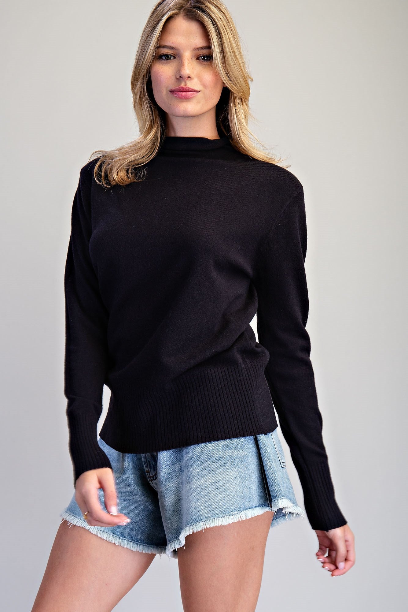 ee:some Women's Top BLACK / S Rolled Mock Neck Knit Sweater SK16357