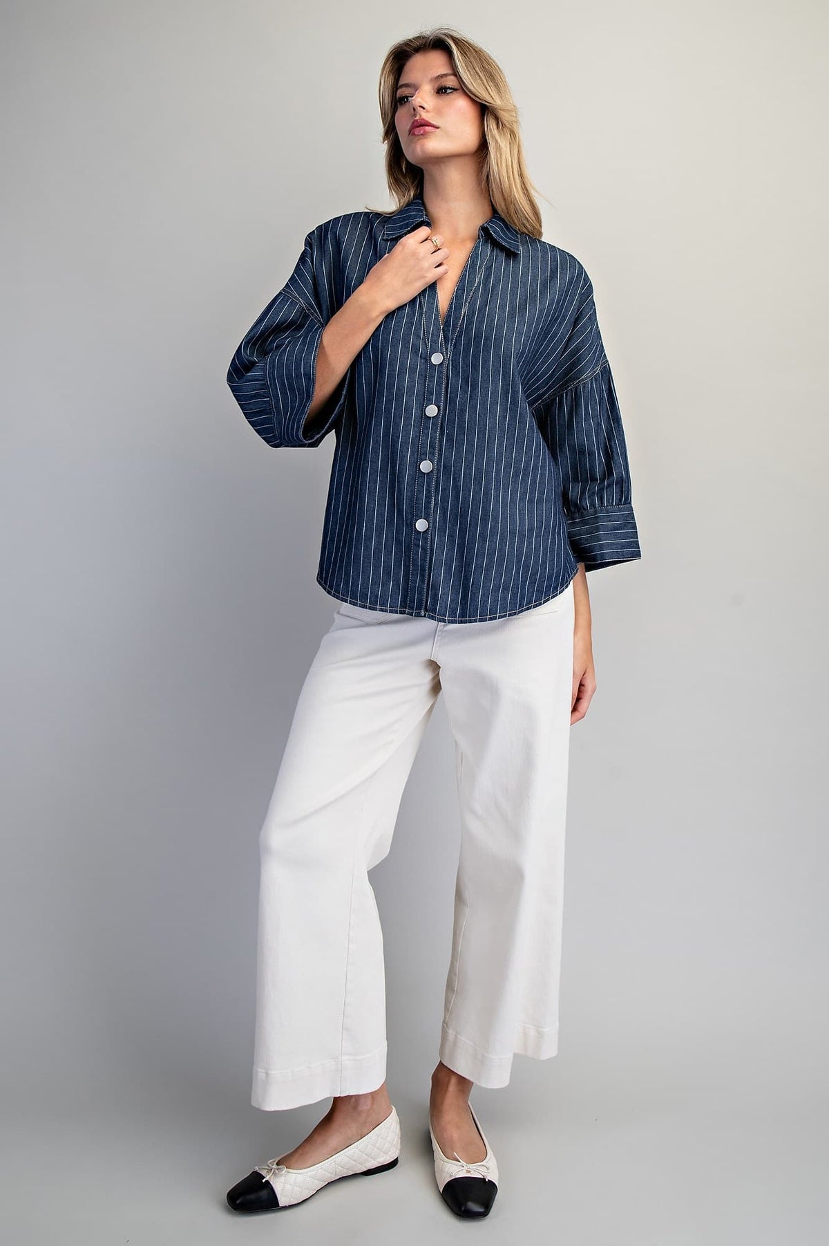 ee:some Women's Top Striped Button Down Back Pleat Blouse