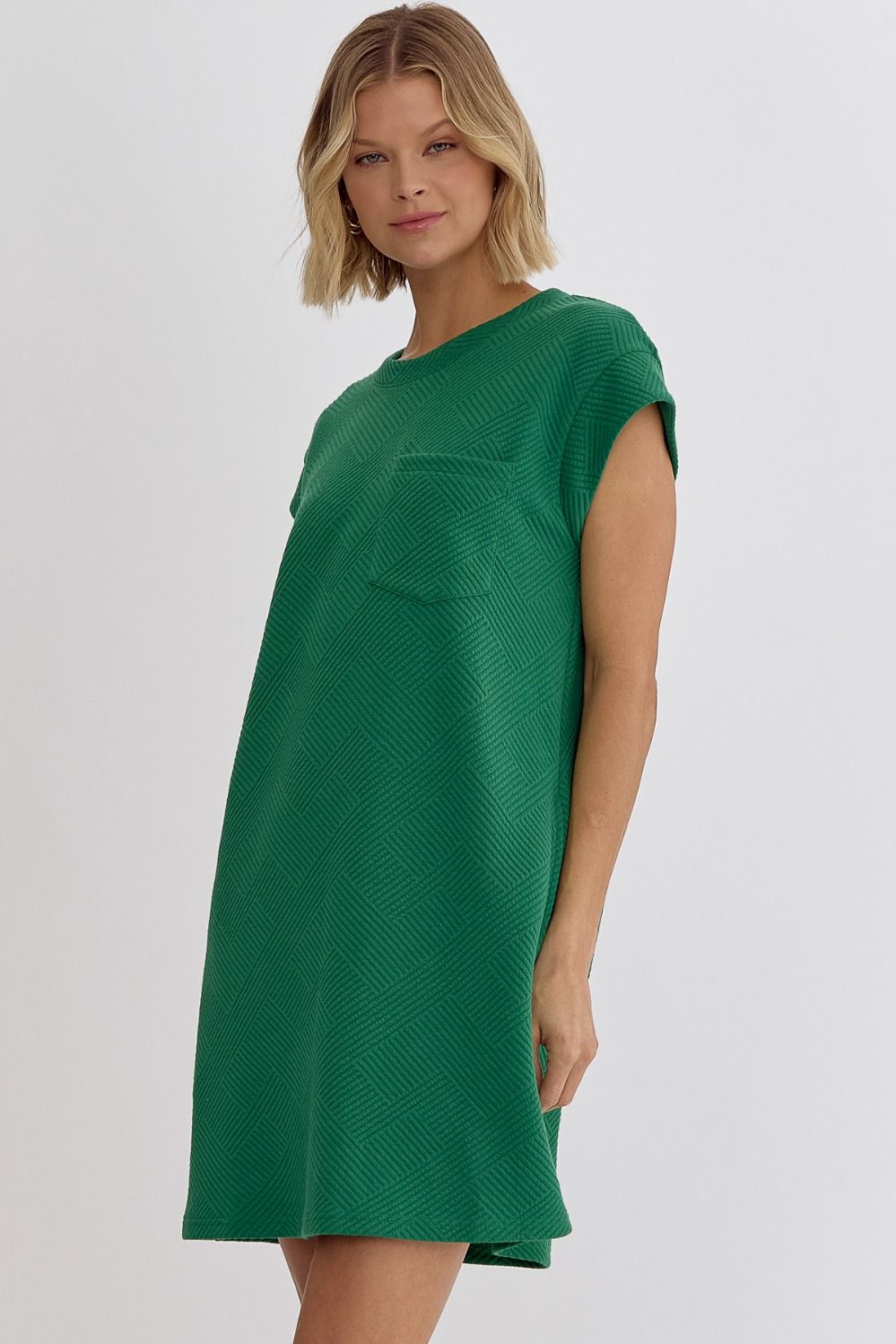 ENTRO INC Women's Dresses GREEN / S Textured Round Neck Sleeveless Mini Dress || David's Clothing D22390