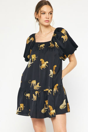 ENTRO INC Women's Dresses BLACK / S Leopard Print Square Neck Short Sleeve Mini Dress || David's Clothing D21033
