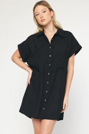 ENTRO INC Women's Dresses BLACK / S Solid Corduroy Button Down Dress || David's Clothing D21041