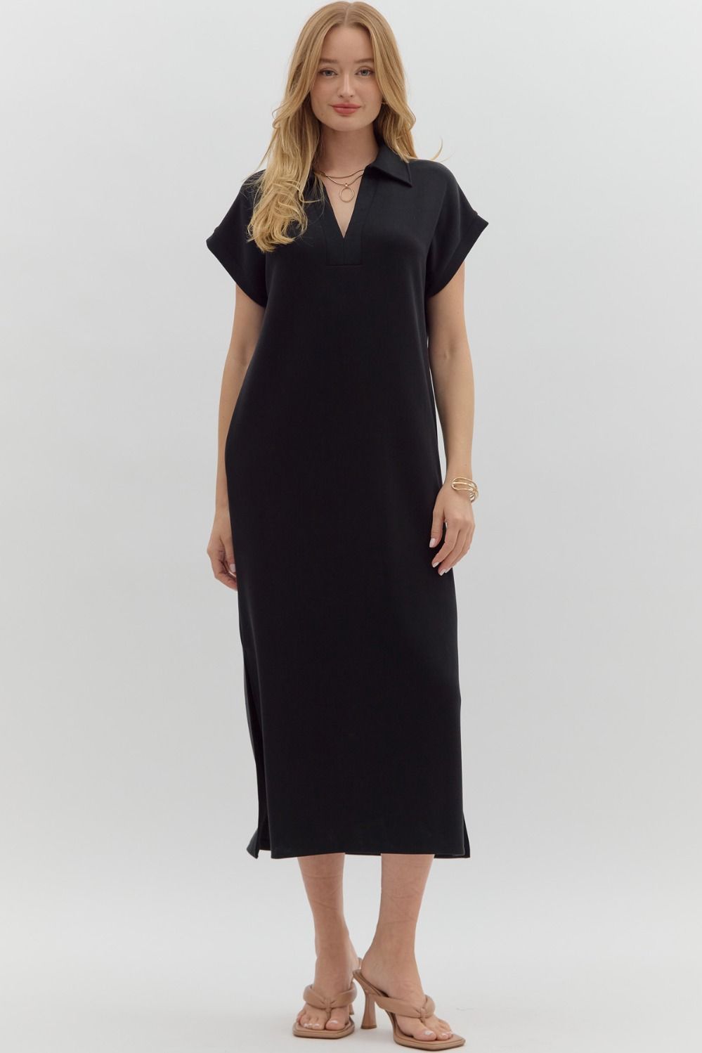 ENTRO INC Women's Dresses BLACK / S Solid Split Collar Scuba Midi Dress D27543