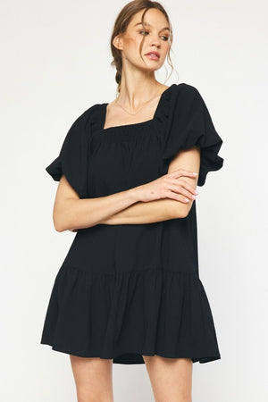 ENTRO INC Women's Dresses BLACK / S Textured Puff Sleeve Dress || David's Clothing D21198