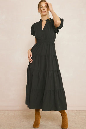ENTRO INC Women's Dresses BLACK / S V-Neck Bubble Sleeve Tiered Midi Dress || David's Clothing D20735