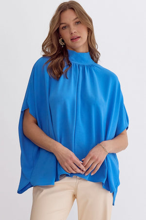ENTRO INC Women's Dresses BLUE / S Tie Back Turtleneck Blouse || David's Clothing 7252