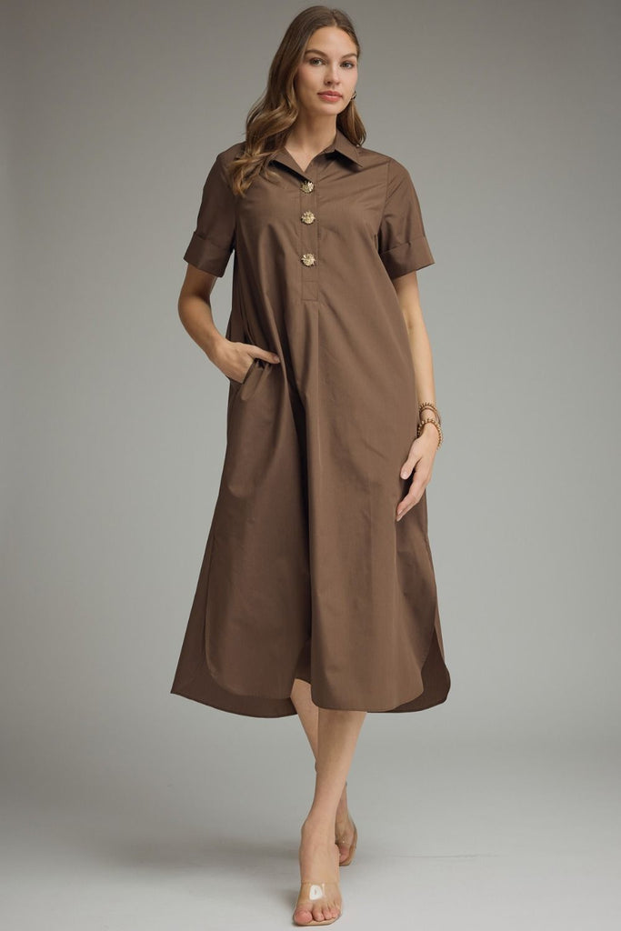 gold button midi dress Detail Short Sleeve This stunning dress features size:Custom Stitched Tinseltown Juniors' Denim Zip-Front JAS TOOKES EDIT