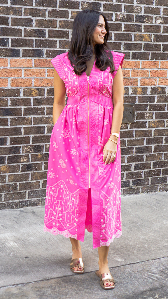 midi dresses with cap sleeves Hot Pink Embroidered Cap Sleeve Zip Front Midi Dress