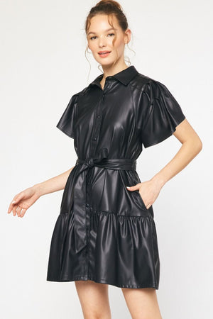 ENTRO INC Women's Dresses Faux Leather Button Down Mini Dress || David's Clothing