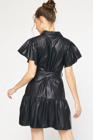 ENTRO INC Women's Dresses Faux Leather Button Down Mini Dress || David's Clothing