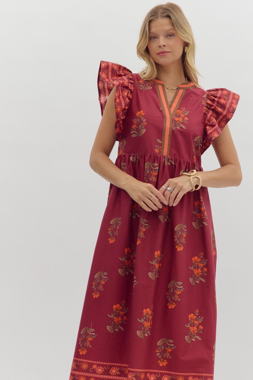 ENTRO INC Women's Dresses Floral Framed Border Pattern Flutter Sleeve Pullover Midi