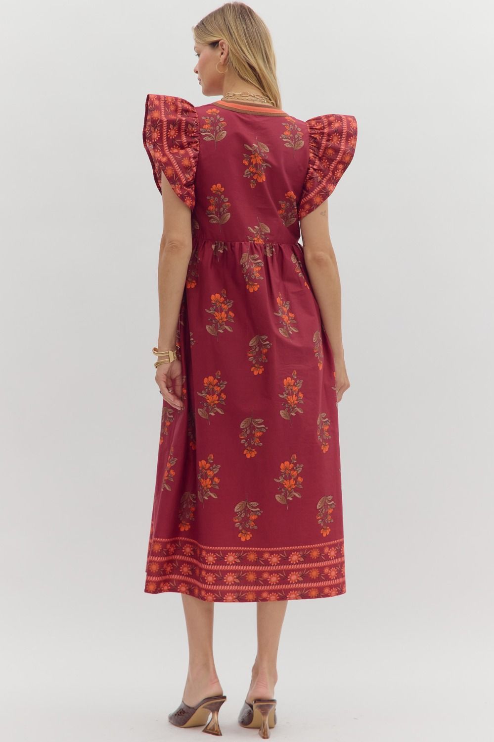 ENTRO INC Women's Dresses Floral Framed Border Pattern Flutter Sleeve Pullover Midi