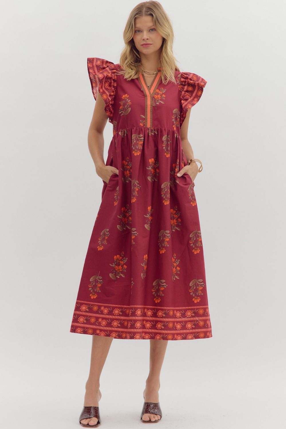 ENTRO INC Women's Dresses Floral Framed Border Pattern Flutter Sleeve Pullover Midi