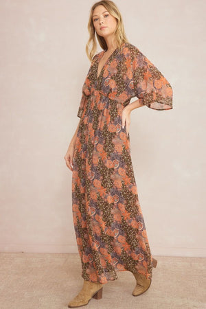 ENTRO INC Women's Dresses Floral Print Deep V-neck 1/2 Sleeve Maxi Dress || David's Clothing