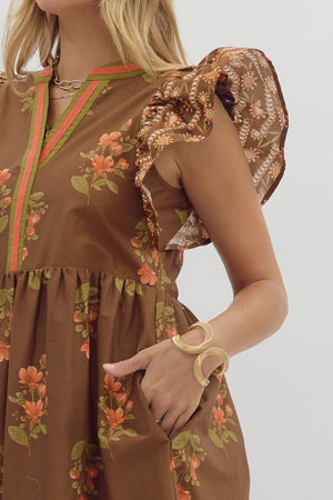 ENTRO INC Women's Dresses Floral Print Framed Flutter Sleeve Midi Dress